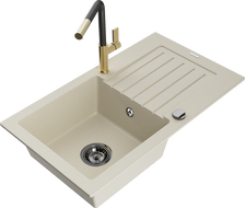 Mexen Pablo Granitspüle 1-Becken mit Abtropffläche und Küchenarmatur Flora, beige - 6510-69-670401-57-B