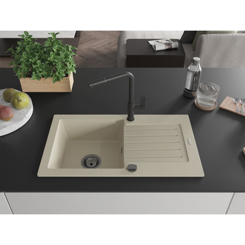 Mexen Pablo Granitspüle 1-beckig mit Abtropffläche und Küchenarmatur Flora, beige - 6510-69-670401-70-B