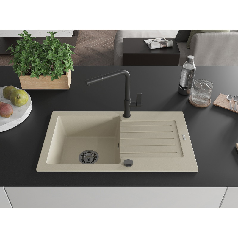 Mexen Pablo granitspüle mit 1 becken, abtropffläche und küchenarmatur Flora, beige - 6510-69-670401-70-B