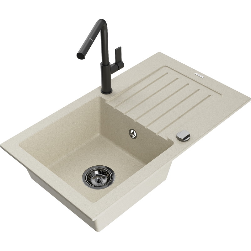 Mexen Pablo Granitspüle 1-becken mit Abtropffläche und Küchenarmatur Flora, beige - 6510-69-670401-70-B