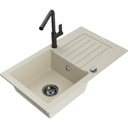 Mexen Pablo Granitspüle 1-beckig mit Abtropffläche und Küchenarmatur Flora, beige - 6510-69-670401-70-B