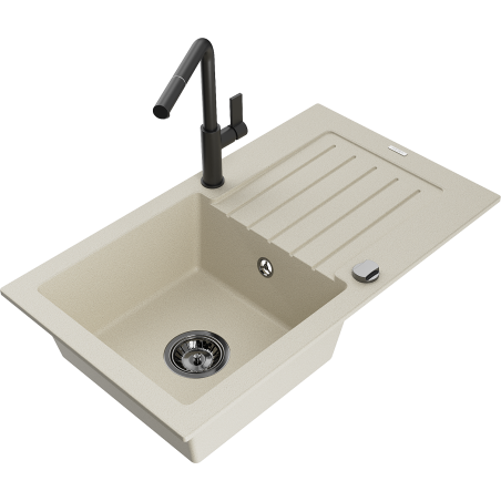 Mexen Pablo granitspüle mit 1 becken, abtropffläche und küchenarmatur Flora, beige - 6510-69-670401-70-B