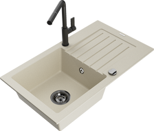 Mexen Pablo Granitspüle 1-beckig mit Abtropffläche und Küchenarmatur Flora, beige - 6510-69-670401-70-B