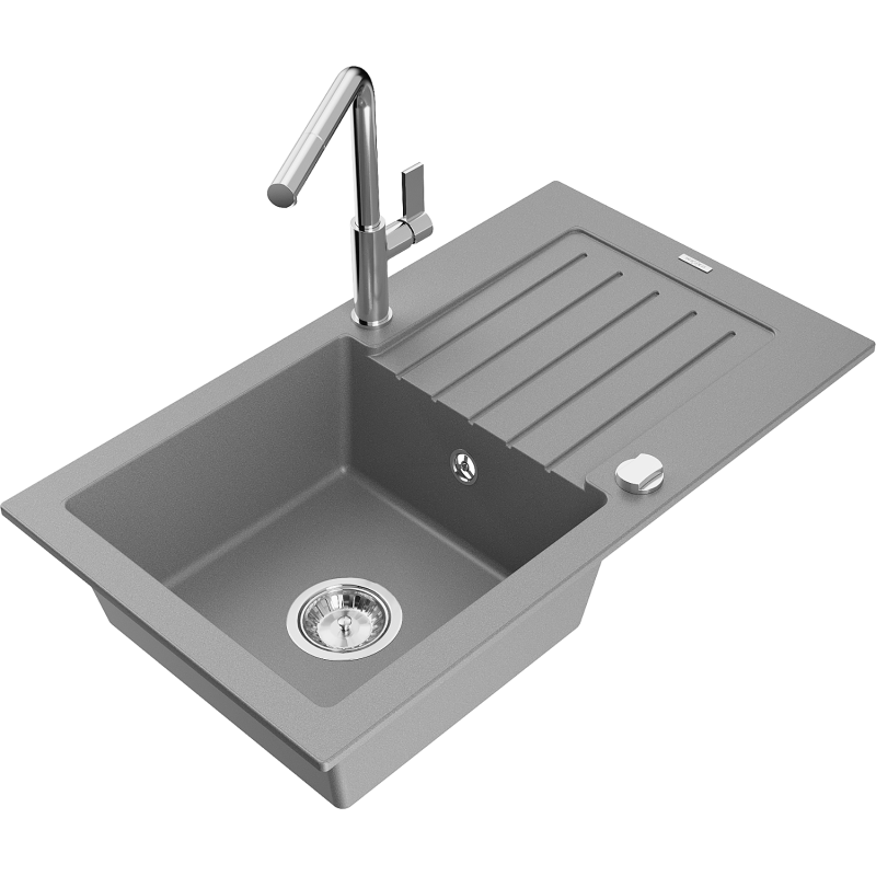 Mexen Pablo Granitspüle 1-becken mit Abtropffläche und Küchenarmatur Flora, grau - 6510-71-670401-00