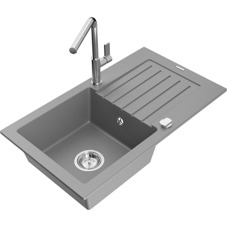Mexen Pablo Granitspüle 1-becken mit Abtropffläche und Küchenarmatur Flora, grau - 6510-71-670401-00