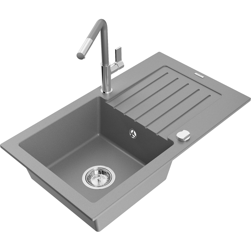 Mexen Pablo Granitspüle 1-Becken mit Abtropffläche und Küchenarmatur Flora, grau - 6510-71-670401-06