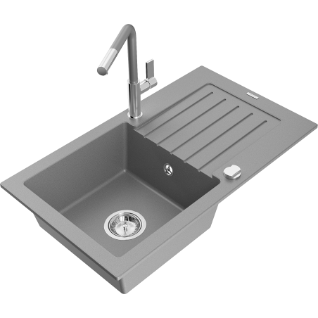 Mexen Pablo Granitspüle 1-Becken mit Abtropffläche und Küchenarmatur Flora, grau - 6510-71-670401-06