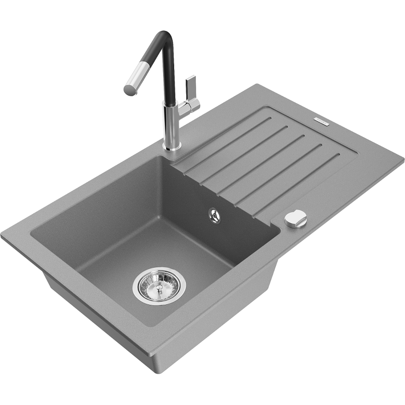 Mexen Pablo Granitspüle 1-Becken mit Abtropffläche und Küchenarmatur Flora, grau - 6510-71-670401-07