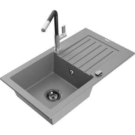 Mexen Pablo Granitspüle, 1 Becken mit Abtropffläche und Küchenarmatur Flora, Grau - 6510-71-670401-07-B