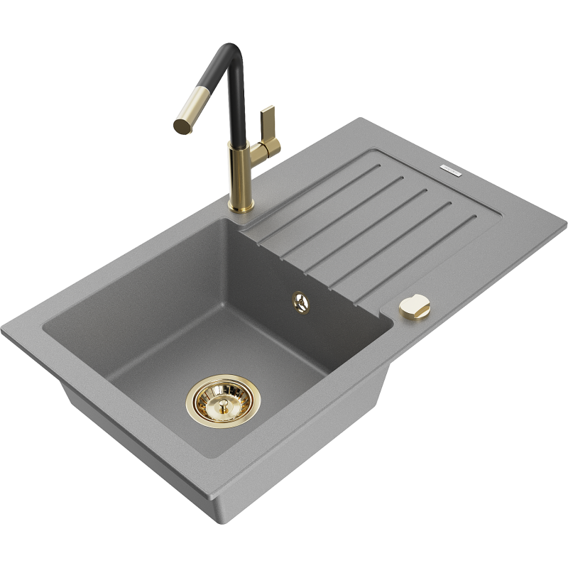 Mexen Pablo Granitspüle 1-Becken mit Abtropffläche und Küchenarmatur Flora, grau - 6510-71-670401-57-G