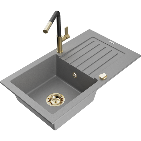 Mexen Pablo Granitspüle 1-Becken mit Abtropffläche und Küchenarmatur Flora, grau - 6510-71-670401-57-G