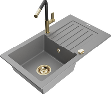 Mexen Pablo Granitspüle 1-Becken mit Abtropffläche und Küchenarmatur Flora, grau - 6510-71-670401-57-G
