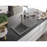 Mexen Pablo Granitspüle 1-beckig mit Abtropffläche und Küchenarmatur Flora, grau - 6510-71-670401-57-B