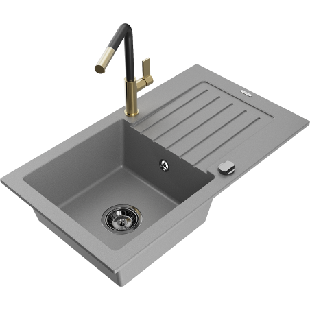 Mexen Pablo Granitspüle 1-Becken mit Abtropffläche und Küchenarmatur Flora, grau - 6510-71-670401-57-B