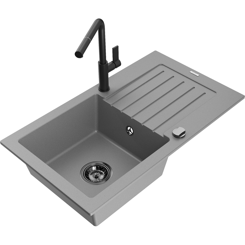 Mexen Pablo Granitspüle 1-Becken mit Abtropffläche und Küchenarmatur Flora, grau - 6510-71-670401-70-B