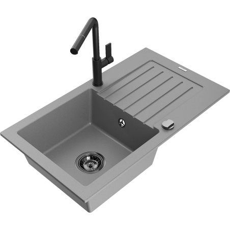 Mexen Pablo Granitspüle 1-Becken mit Abtropffläche und Küchenarmatur Flora, grau - 6510-71-670401-70-B