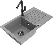 Mexen Pablo Granitspüle 1-Becken mit Abtropffläche und Küchenarmatur Flora, grau - 6510-71-670401-70-B