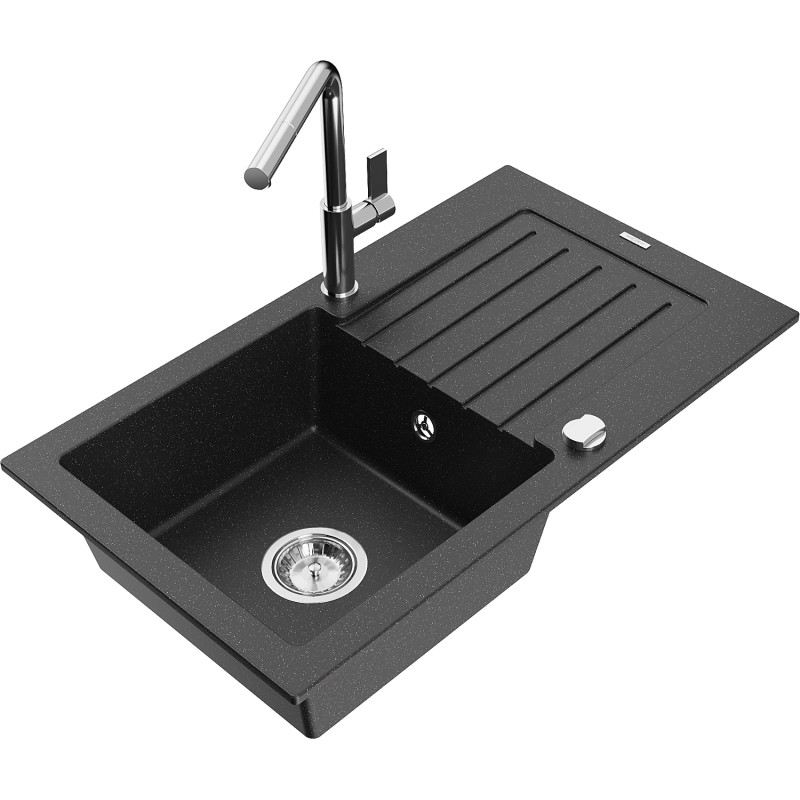 Mexen Pablo Granitspüle 1-Becken mit Abtropffläche und Küchenarmatur Flora, schwarz/silber metallic - 6510-73-670401-00