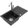 Mexen Pablo Granitspüle 1-Becken mit Abtropffläche und Küchenarmatur Flora, schwarz/silber metallisch - 6510-73-670401-00