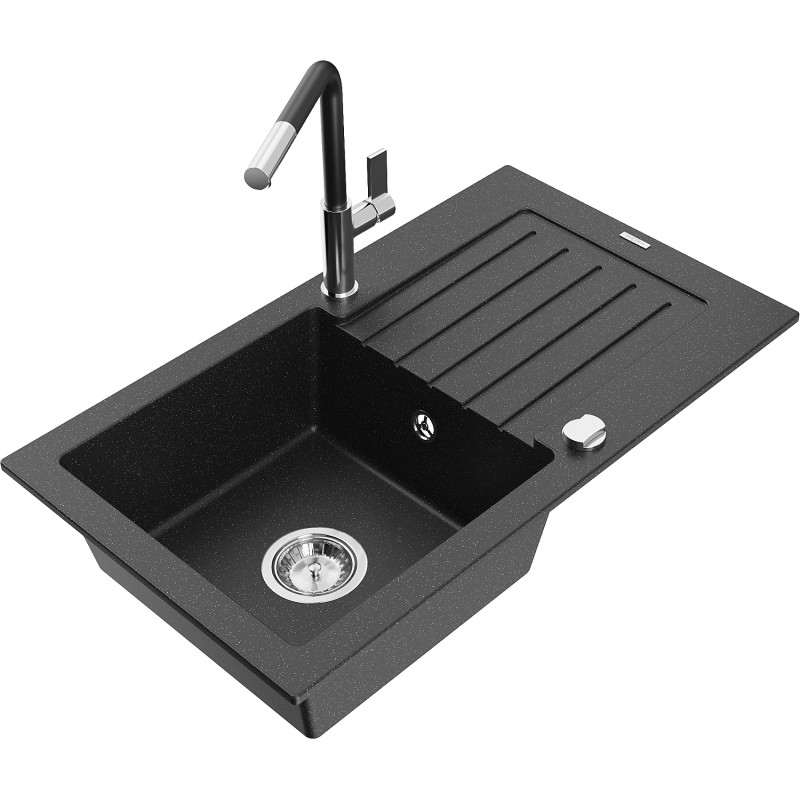 Mexen Pablo Granitspüle 1-Becken mit Abtropffläche und Küchenarmatur Flora, schwarz/silber metallic - 6510-73-670401-07