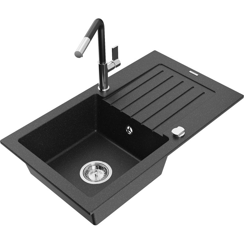Mexen Pablo Granitspüle 1-Becken mit Abtropffläche und Küchenarmatur Flora, schwarz/silberner Metallic - 6510-73-670401-07