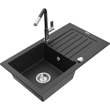 Mexen Pablo Granitspüle 1-Becken mit Abtropffläche und Küchenarmatur Flora, schwarz/silberner Metallic - 6510-73-670401-07