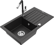 Mexen Pablo Granitspüle 1-Becken mit Abtropffläche und Küchenarmatur Flora, schwarz/silberner Metallic - 6510-73-670401-07