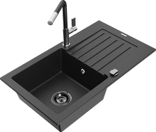 Mexen Pablo Granitspüle 1-becken mit Abtropffläche und Küchenarmatur Flora, schwarz/silber metallic - 6510-73-670401-07-B