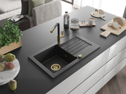 Mexen Pablo Granitspüle 1-Becken mit Abtropffläche und Küchenarmatur Flora, schwarz/silber metallic - 6510-73-670401-57-G