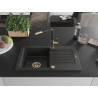 Mexen Pablo Granitspüle 1-Becken mit Abtropffläche und Küchenarmatur Flora, schwarz/silber metallic - 6510-73-670401-57-G