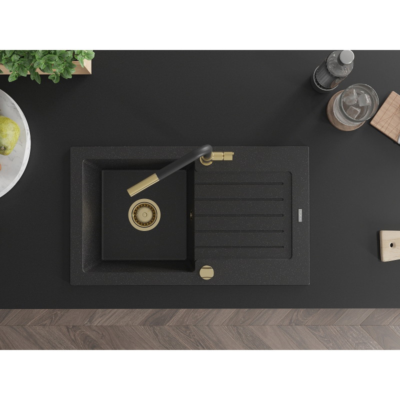 Mexen Pablo Granitspüle 1-Becken mit Abtropffläche und Küchenarmatur Flora, schwarz/silberner Metallic - 6510-73-670401-57-G