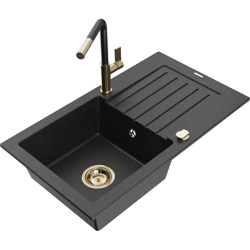 Mexen Pablo Granitspüle 1-Becken mit Abtropffläche und Küchenarmatur Flora, schwarz/silberner Metallic - 6510-73-670401-57-G