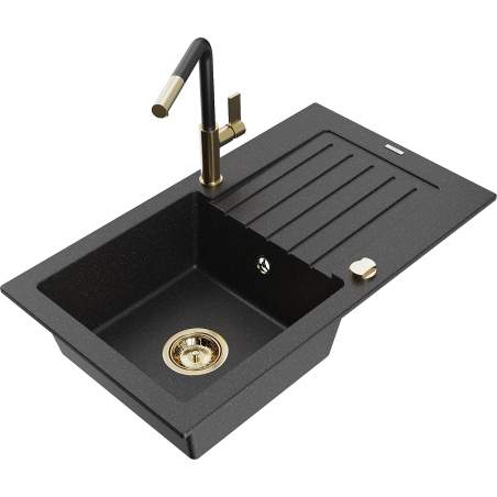 Mexen Pablo Granitspüle 1-Becken mit Abtropffläche und Küchenarmatur Flora, schwarz/silber metallic - 6510-73-670401-57-G