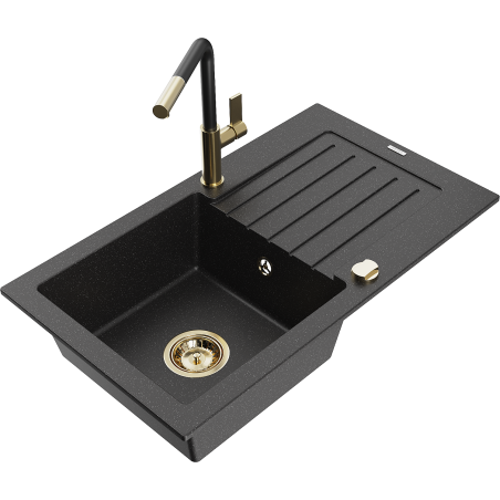 Mexen Pablo Granitspüle 1-Becken mit Abtropffläche und Küchenarmatur Flora, schwarz/silberner Metallic - 6510-73-670401-57-G