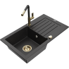 Mexen Pablo Granitspüle 1-Becken mit Abtropffläche und Küchenarmatur Flora, schwarz/silber metallic - 6510-73-670401-57-G