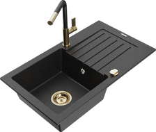 Mexen Pablo Granitspüle 1-Becken mit Abtropffläche und Küchenarmatur Flora, schwarz/silber metallic - 6510-73-670401-57-G