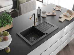 Mexen Pablo Granitspüle 1-beckig mit Abtropffläche und Küchenarmatur Flora, schwarz/silber metallic - 6510-73-670401-57-B