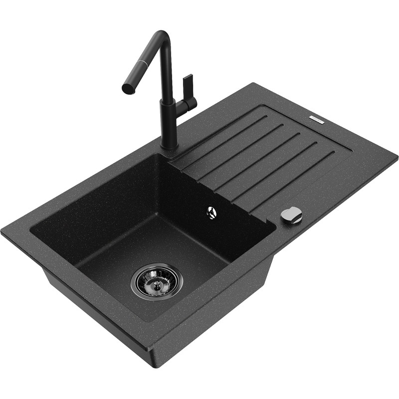 Mexen Pablo Granitspüle 1-Kammer mit Abtropf und Küchenarmatur Flora, schwarz/silber Metallic - 6510-73-670401-70-B
