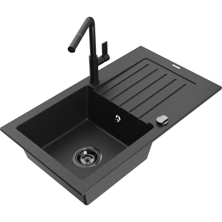 Mexen Pablo Granitspüle mit 1 Becken, Abtropffläche und Küchenarmatur Flora, schwarz/silber metallic - 6510-73-670401-70-B