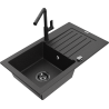 Mexen Pablo Granitspüle mit 1 Becken, Abtropffläche und Küchenarmatur Flora, schwarz/silber metallic - 6510-73-670401-70-B