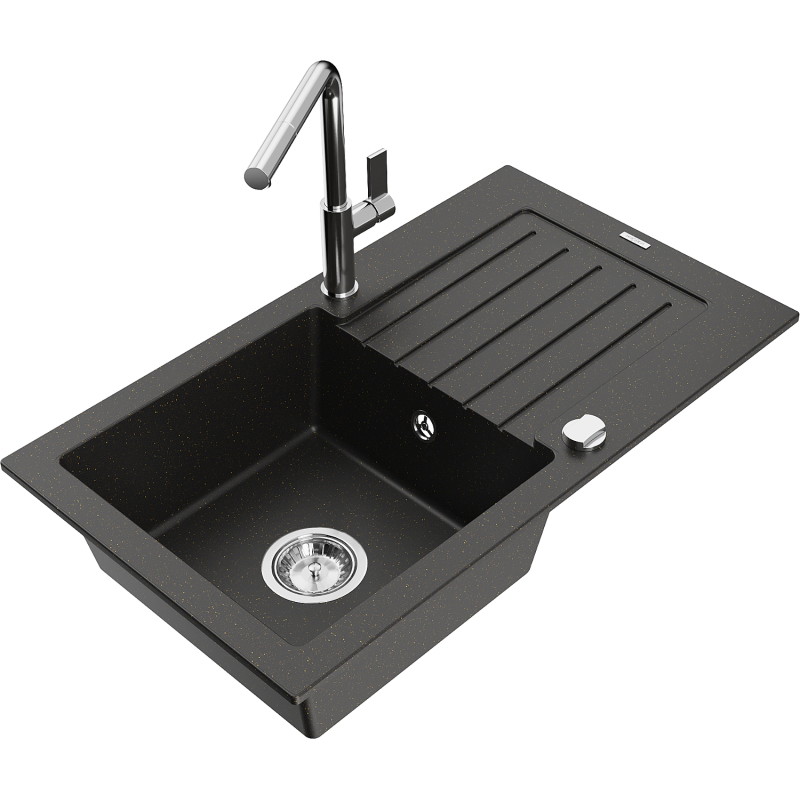 Mexen Pablo Granitspüle 1-becken mit Abtropffläche und Küchenarmatur Flora, schwarz/goldmetallic - 6510-75-670401-00