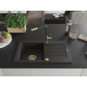 Mexen Pablo Granitspüle, 1-Becken mit Abtropffläche und Küchenarmatur Flora, schwarz/gold metallisch - 6510-75-670401-57-G