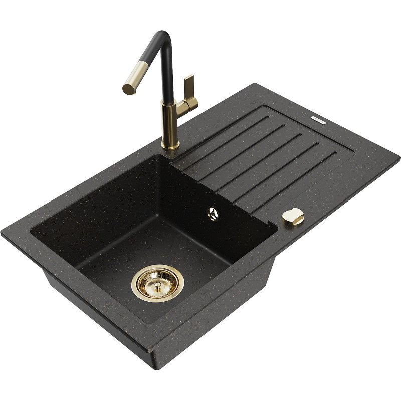 Mexen Pablo Granitspüle, 1-Becken mit Abtropffläche und Küchenarmatur Flora, schwarz/gold metallisch - 6510-75-670401-57-G