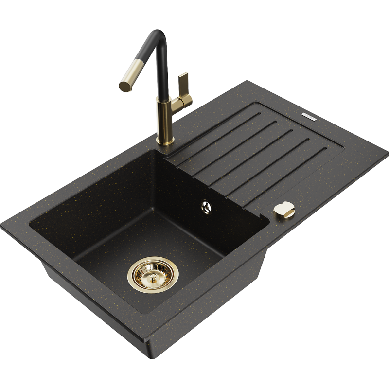 Mexen Pablo Granitspüle 1-Becken mit Abtropffläche und Küchenarmatur Flora, schwarz/goldener Metallic - 6510-75-670401-57-G
