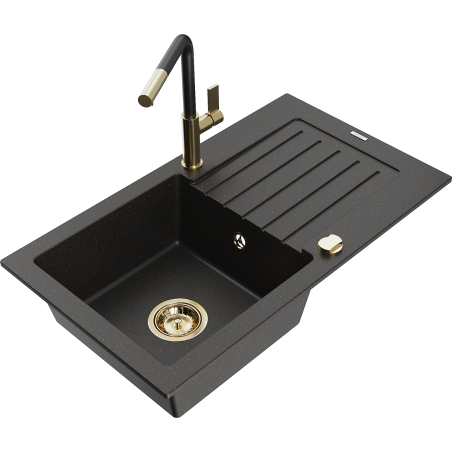 Mexen Pablo Granitspüle, 1-Becken mit Abtropffläche und Küchenarmatur Flora, schwarz/gold metallisch - 6510-75-670401-57-G
