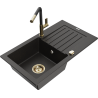Mexen Pablo Granitspüle 1-Becken mit Abtropffläche und Küchenarmatur Flora, schwarz/goldener Metallic - 6510-75-670401-57-G