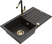Mexen Pablo Granitspüle 1-Becken mit Abtropffläche und Küchenarmatur Flora, schwarz/goldener Metallic - 6510-75-670401-57-G