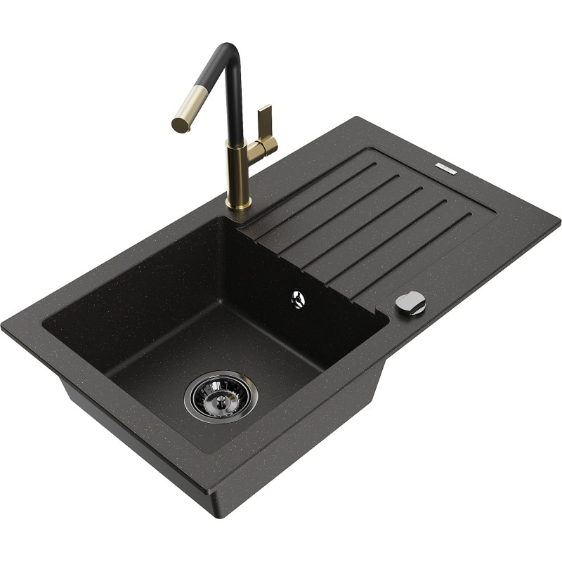 Mexen Pablo Granitspüle 1-Becken mit Abtropffläche und Küchenarmatur Flora, schwarz/gold metallic - 6510-75-670401-57-B