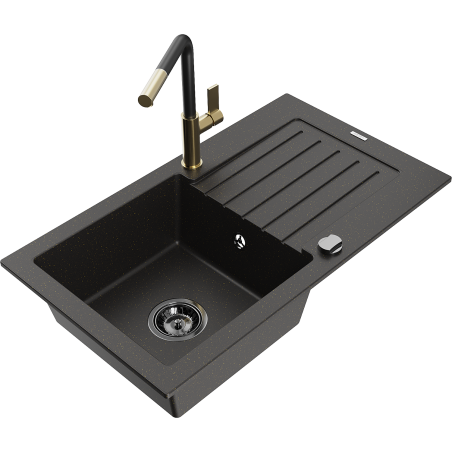 Mexen Pablo Granitspüle 1-Becken mit Abtropffläche und Küchenarmatur Flora, schwarz/gold metallic - 6510-75-670401-57-B