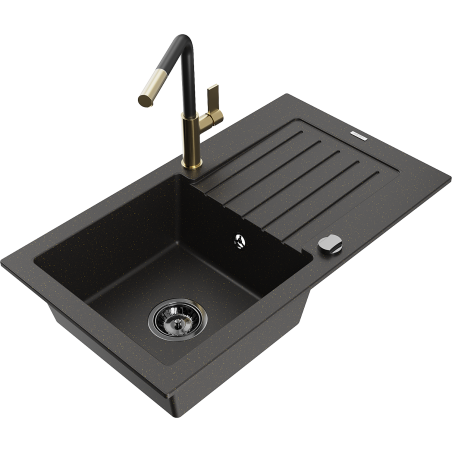 Mexen Pablo Granitspüle mit 1 Becken, Abtropffläche und Küchenarmatur Flora, schwarz/gold metallic - 6510-75-670401-57-B